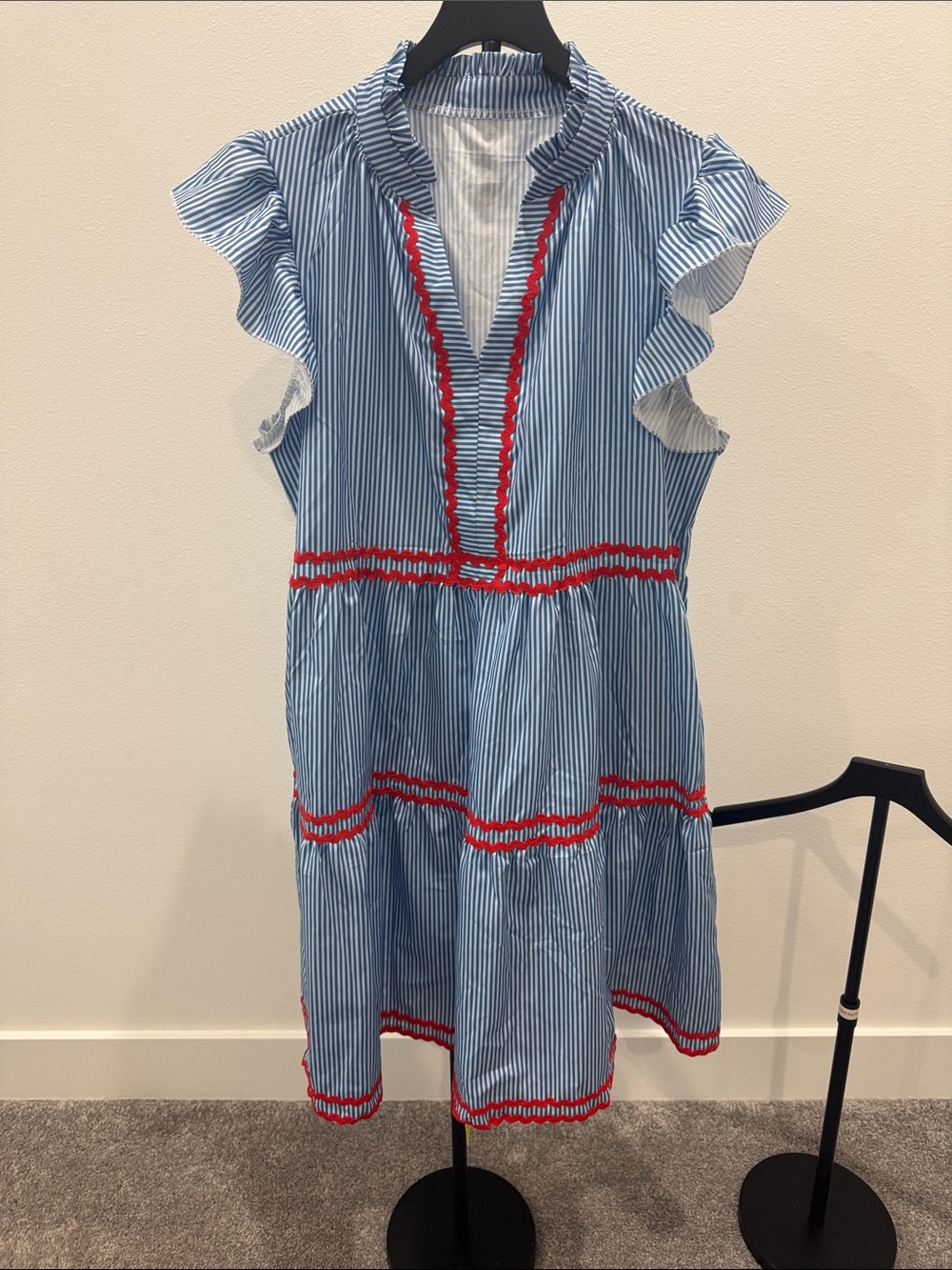Light Blue Striped Dress with Red Trim - Picture 3 of 3